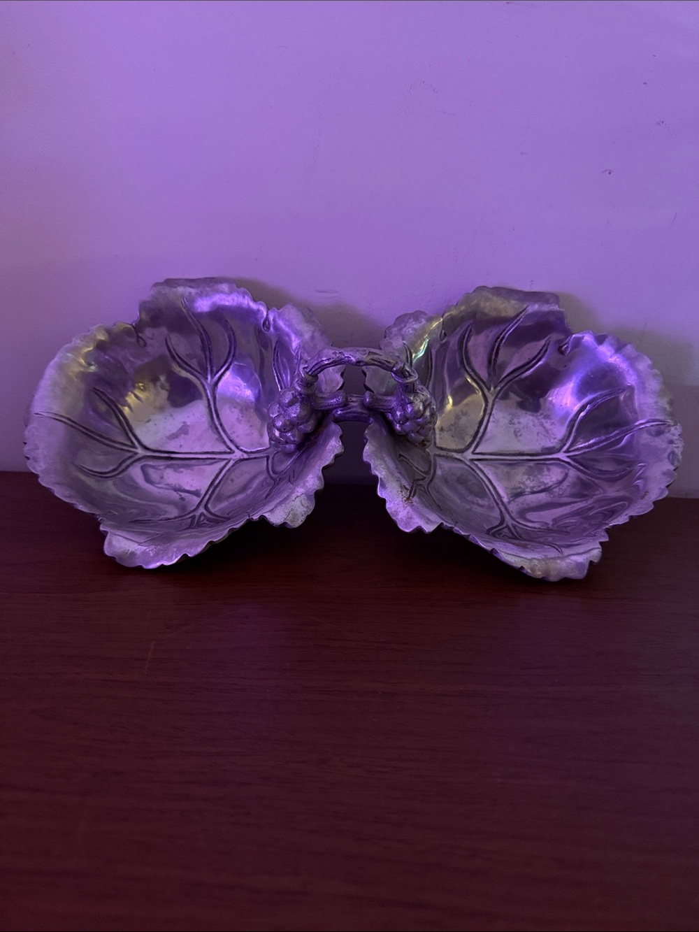 Vtg Arthur Court cast aluminum double relish dish with a grape leaf motif